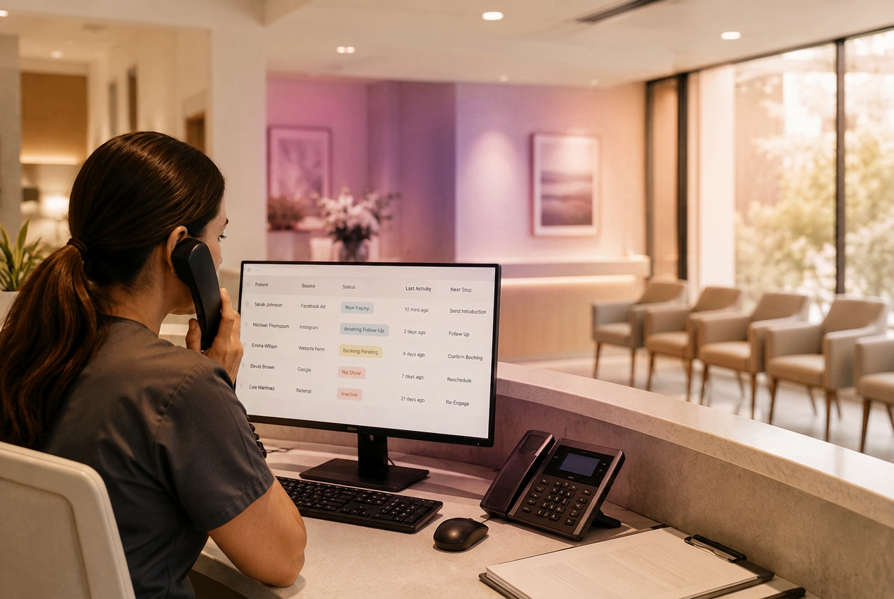 Clinic receptionist following up with new patient inquiries from a live pipeline dashboard